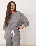 jersey tailored boxy top and wide leg trouser set in grey pinstripe