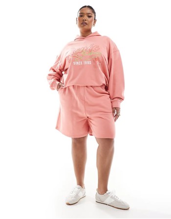 exclusive logo graphic hoodie and short co-ord in peach
