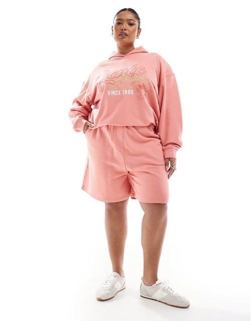 exclusive logo graphic hoodie and short co-ord in peach